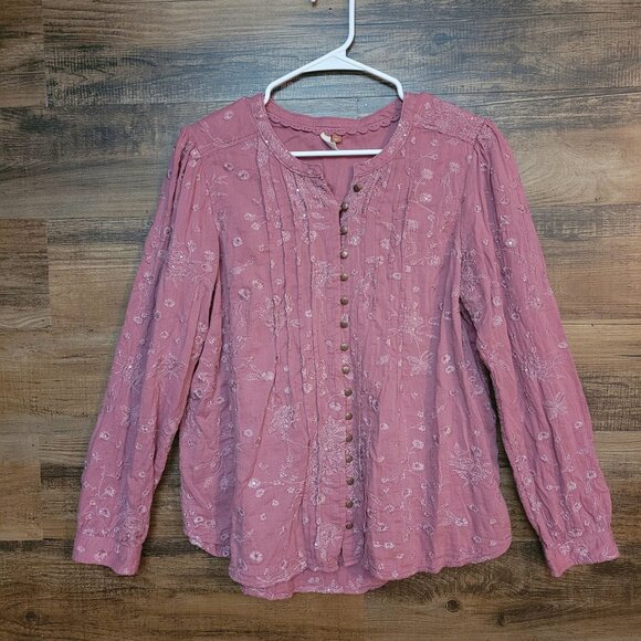 Anthropologie Tops - Anthropologie Pilcro Baby Doll Top L Embroidered Floral Sequins Dusty Rose Boho